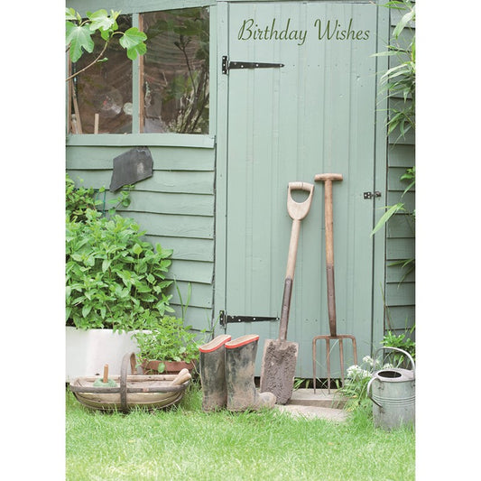 First Class Male Birthday Card - Garden Shed & Boots