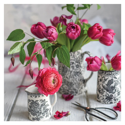 Cerise Tulips in Black & White Jugs  The Garden Studio Greetings Card