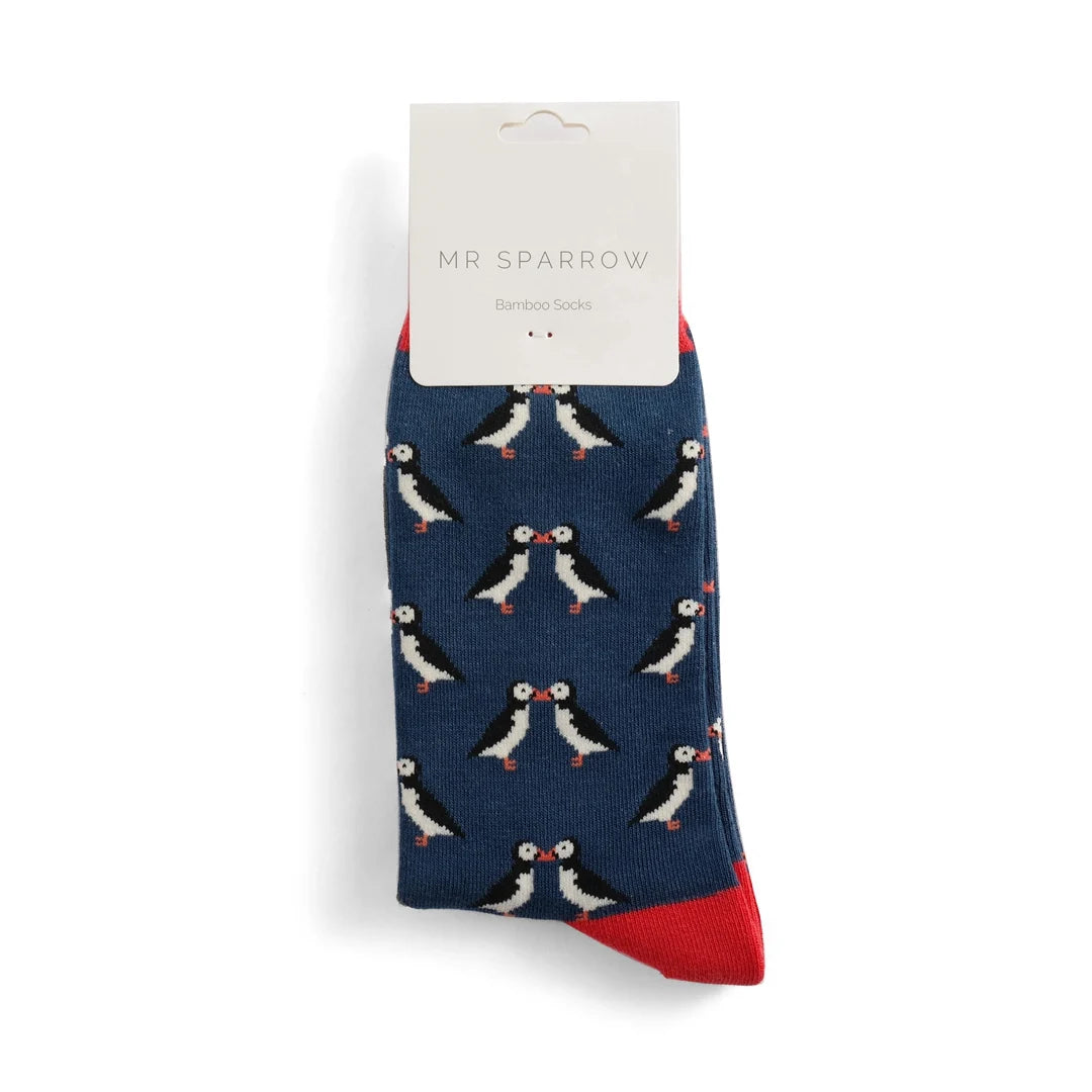 Kissing Puffins Socks, Navy, Size 7-11