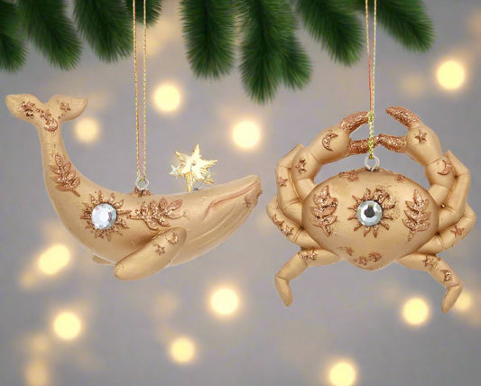 Gold Resin Crab and Whale Christmas Decorations