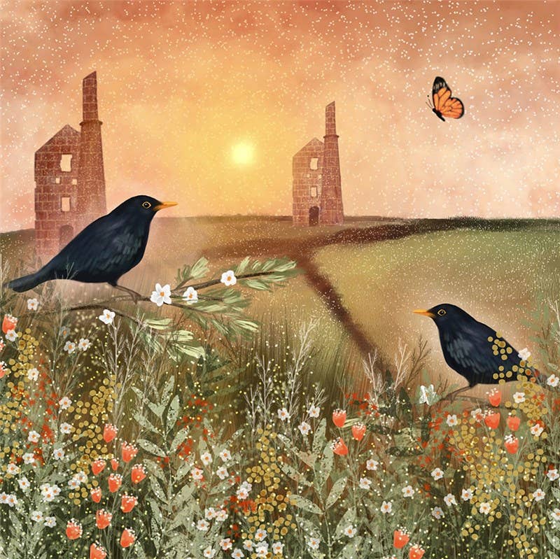 Blackbirds at Sunset Greetings Card