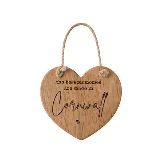 'The Best Memories are Made in Cornwall' Oak Hanging Heart