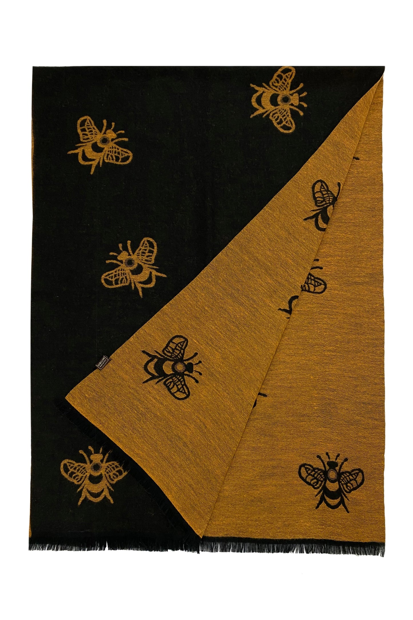 Reversible Soft Wool Bee Print Frayed Edge Scarf, Black/Mustard