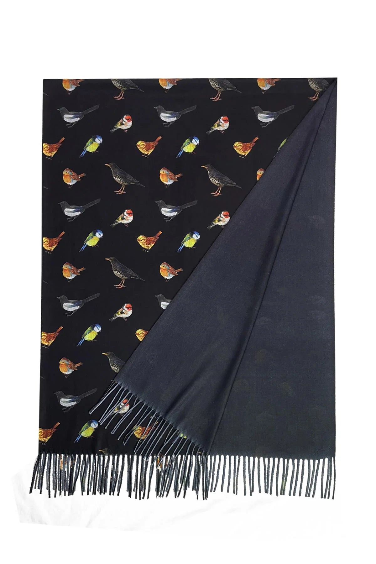 British Wildlife Birds Print Tassel Scarf, Black