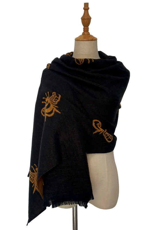 Reversible Soft Wool Bee Print Frayed Edge Scarf, Black/Mustard