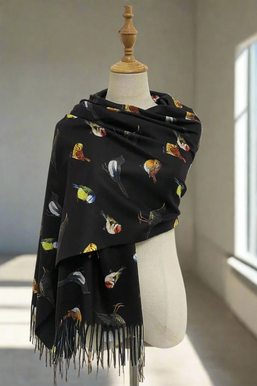 British Wildlife Birds Print Tassel Scarf, Black