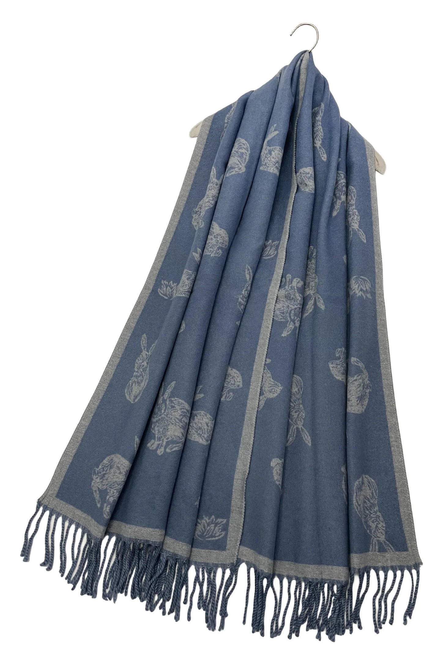 Rabbit/Hare Reversible Tassel Scarf, Navy