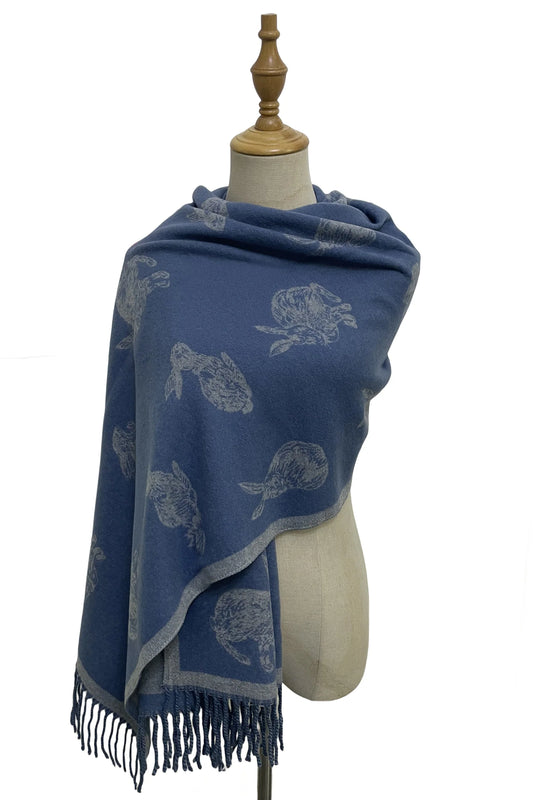 Rabbit/Hare Reversible Tassel Scarf, Navy