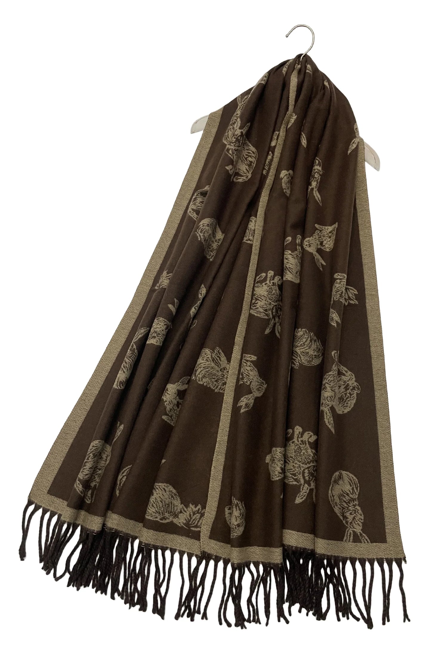 Rabbit/Hare Reversible Tassel Scarf, Brown