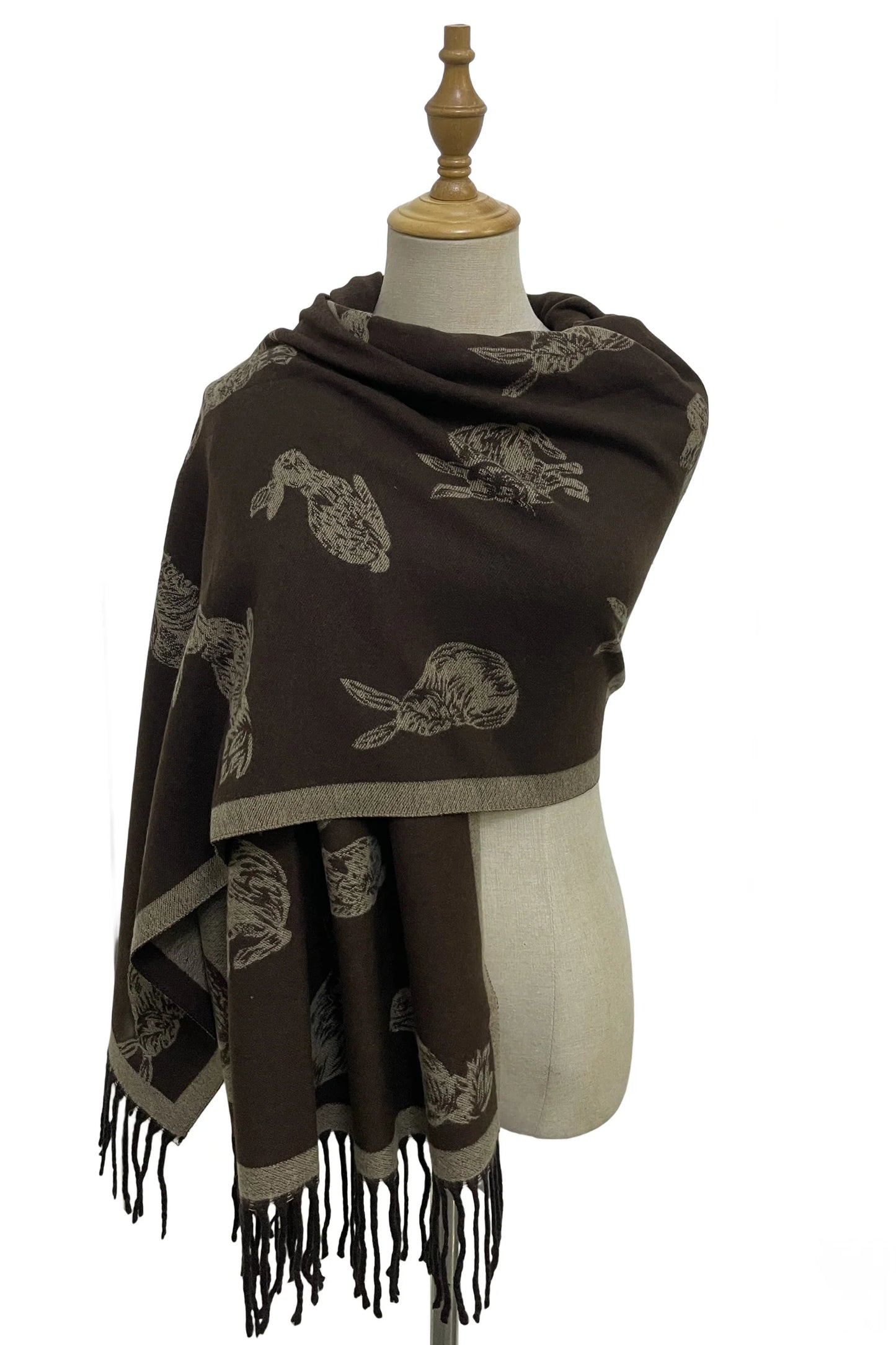 Rabbit/Hare Reversible Tassel Scarf, Brown