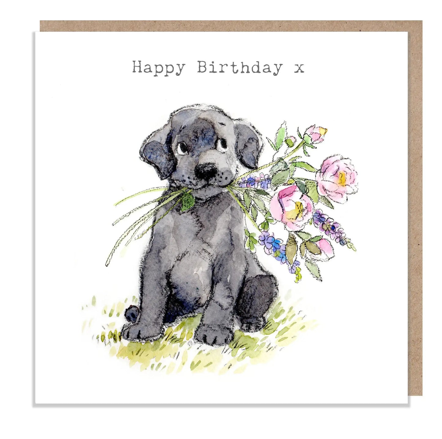 Cute Dog Birthday Card - Black Labrador With Flowers