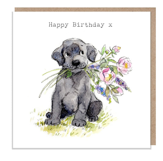 Cute Dog Birthday Card - Black Labrador With Flowers