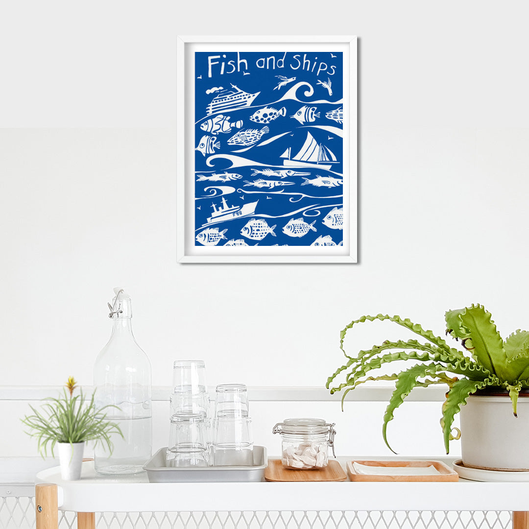 'Fish and Ships' A3 Framed Art Print