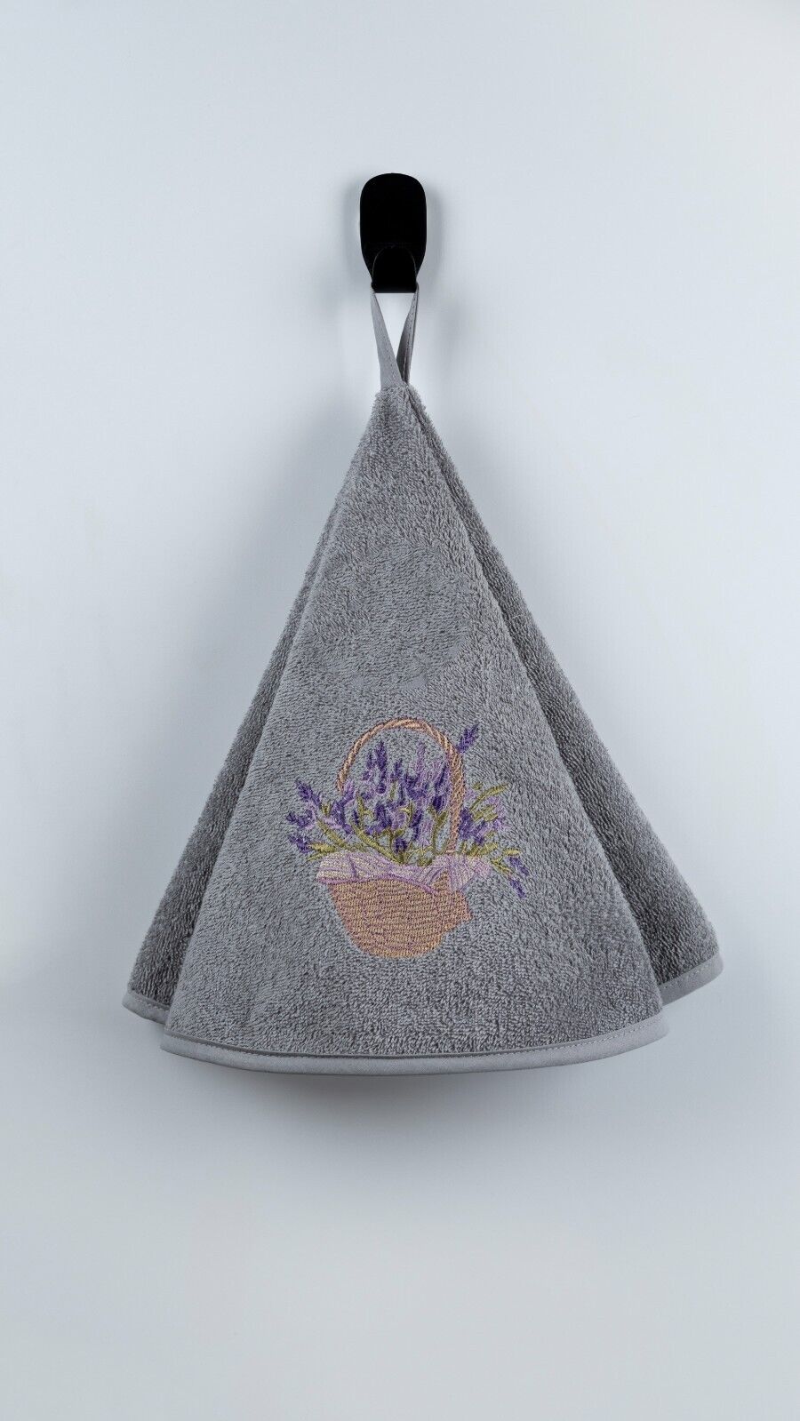 Circular Hand Towel Embroidered with a Basket of Lavender