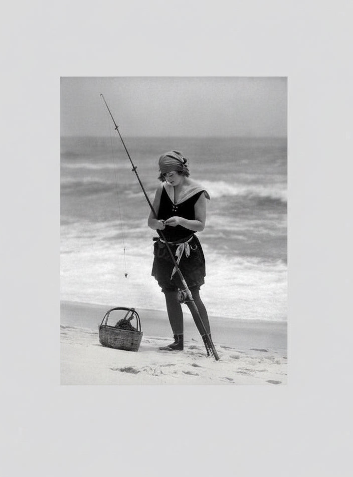 Woman beach fishing black & white Greetings Card