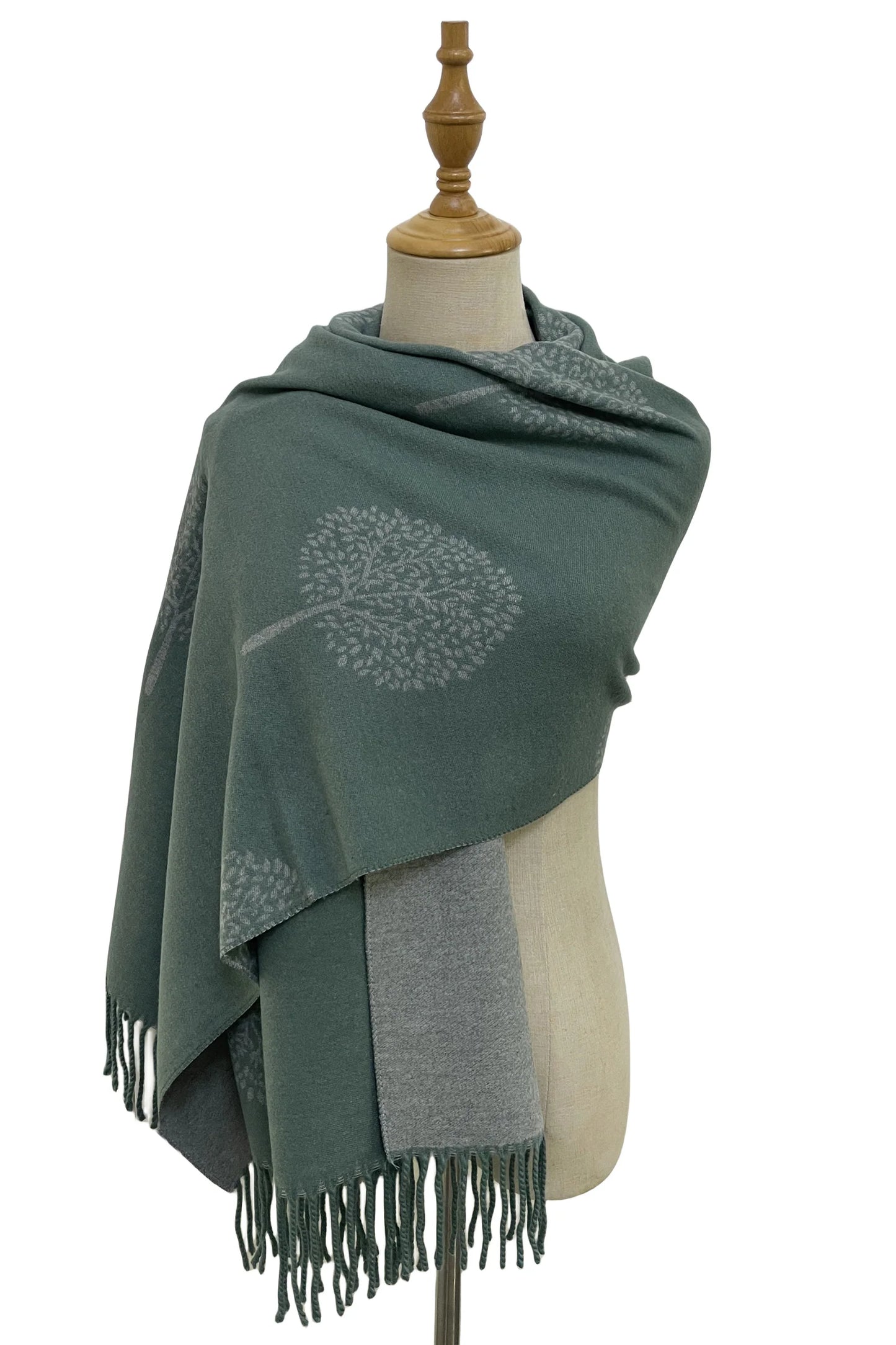 Tree Print Reversible Cotton Tassel Scarf, Sage Green