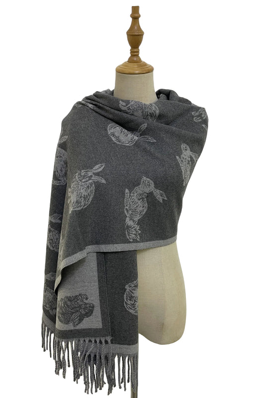 Rabbit/Hare Reversible Tassel Scarf, Grey