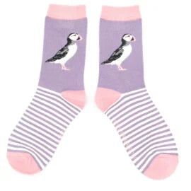 Puffin Stripes Socks, Size 4-7, Purple