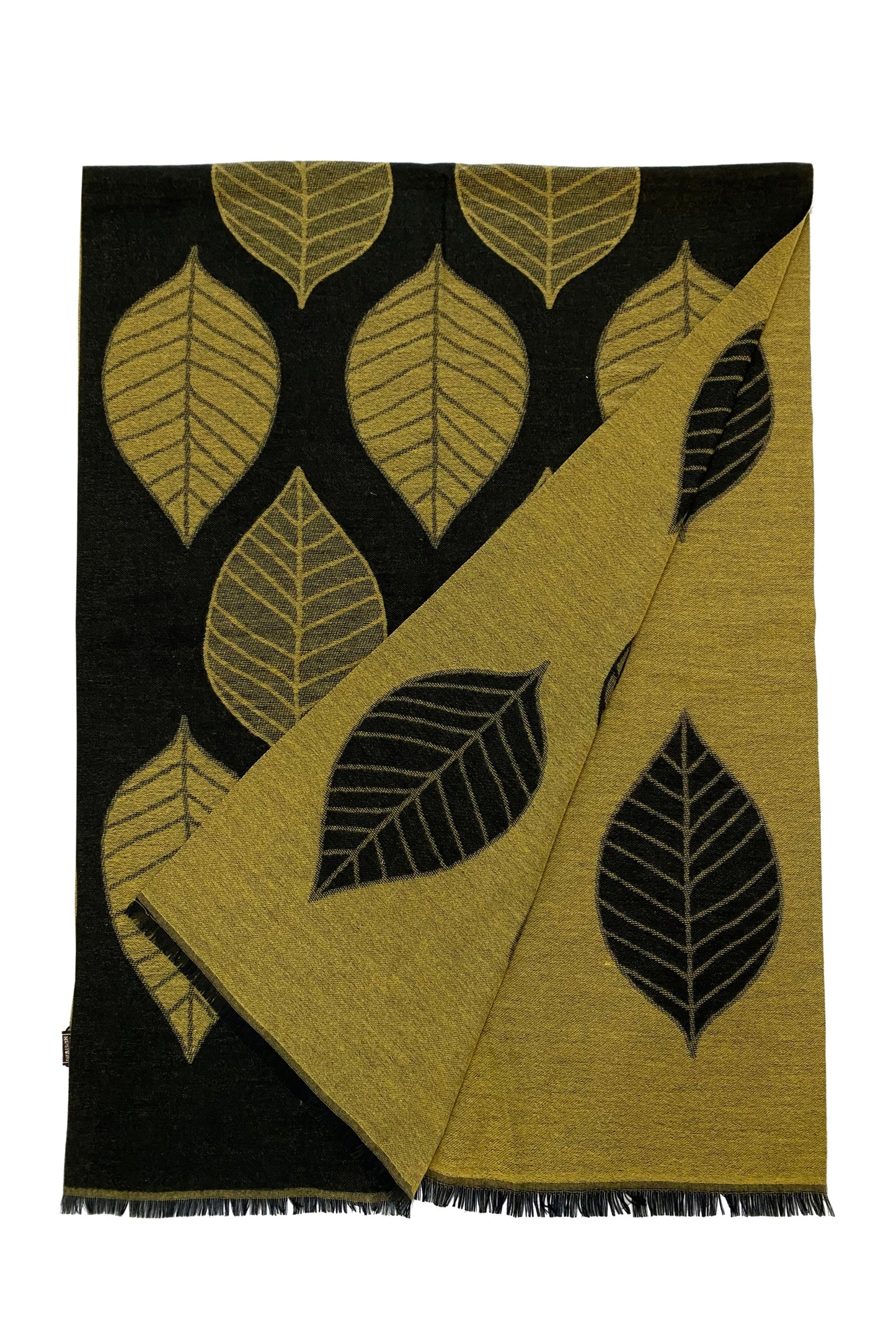 Reversible Soft Wool Leaf Print Frayed Edge Scarf, Yellow