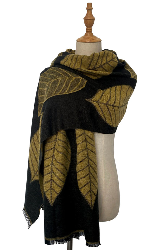 Reversible Soft Wool Leaf Print Frayed Edge Scarf, Yellow