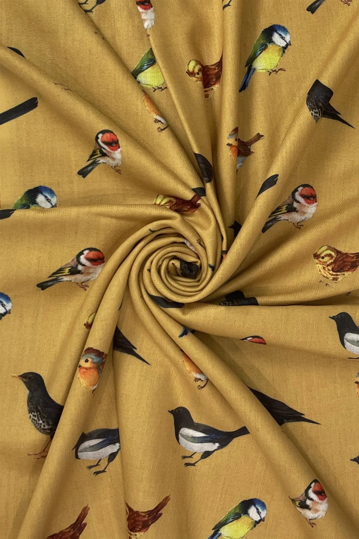 British Wildlife Birds Print Tassel Scarf, Mustard