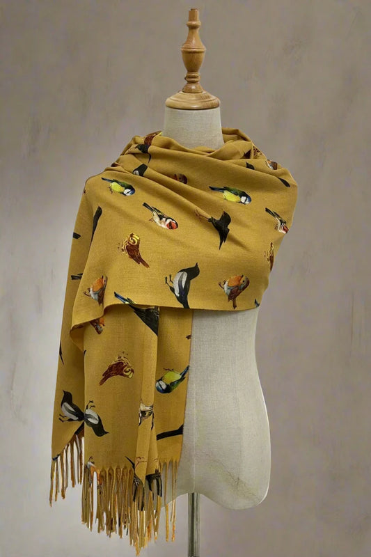 British Wildlife Birds Print Tassel Scarf, Mustard