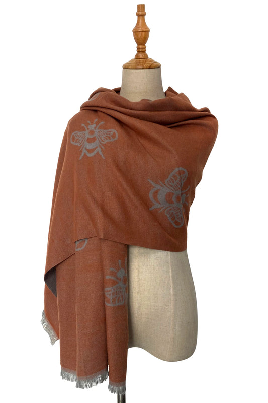 Reversible Soft Wool Bee Print Frayed Edge Scarf, Peach