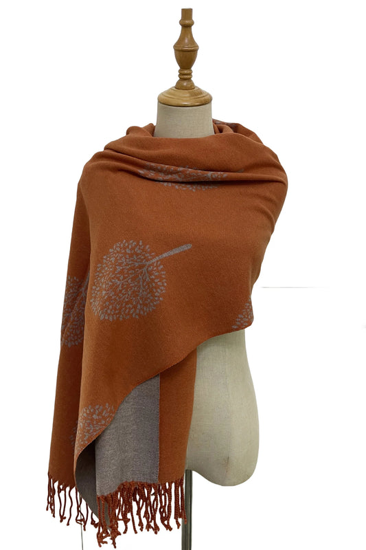 Tree Print Reversible Cotton Tassel Scarf, Orange