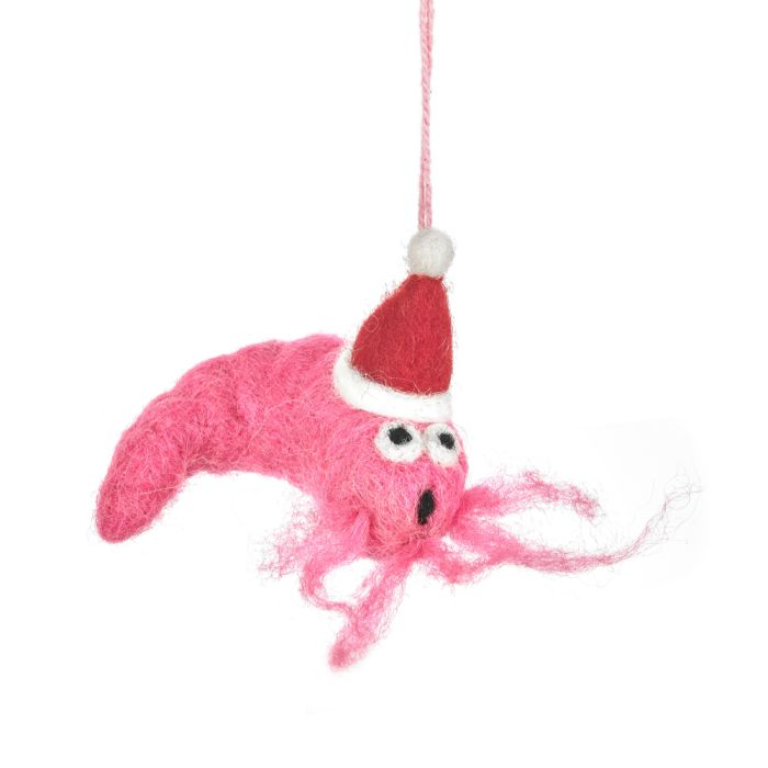 Handmade Hanging Felt Christmas Prawn, 100% Wool