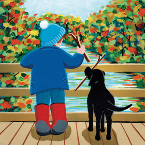 Puppy, Pal & Pooh Sticks Greeting Card by Nikky Corker