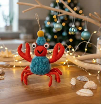 Handmade Hanging Felt Christmas Sammy Snowcrab, 100% Wool