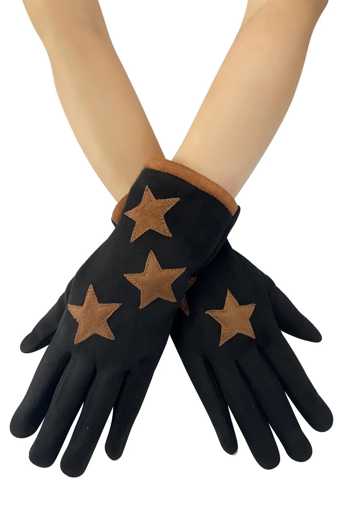 Star Print Suede Touchscreen Gloves, Black