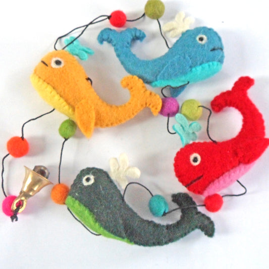 Handmade Felt Whale String - Primary Colours