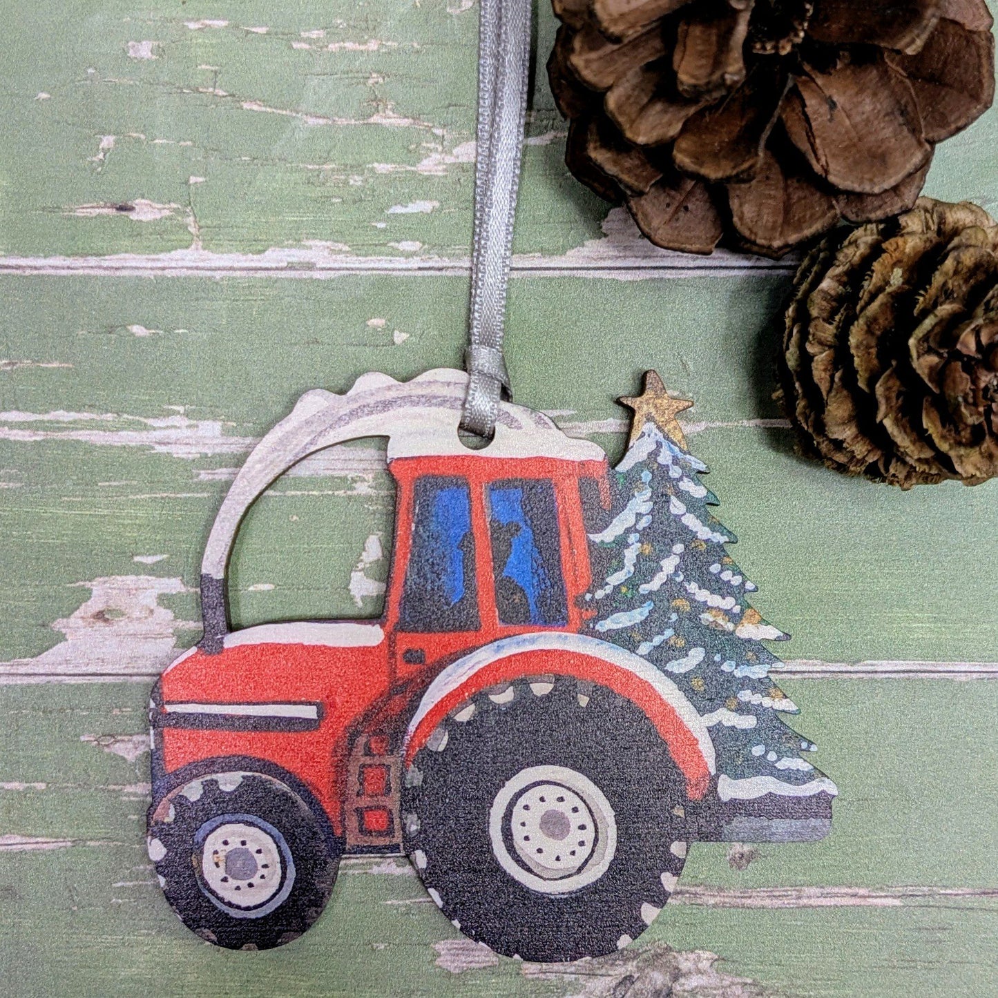 Wooden Hanging Christmas Tractor Decoration