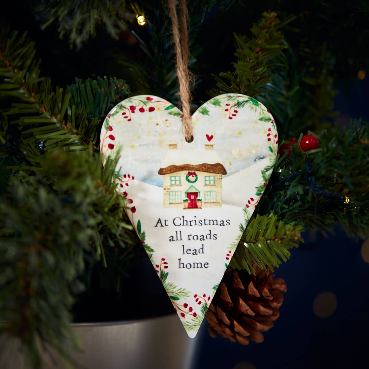 Xmas Family Cottage Ceramic Heart Hanger, White