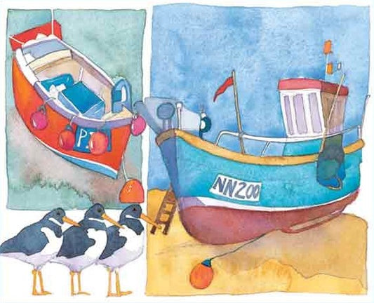 'Beside The Seaside Boats & Oystercatchers' Greetings Card
