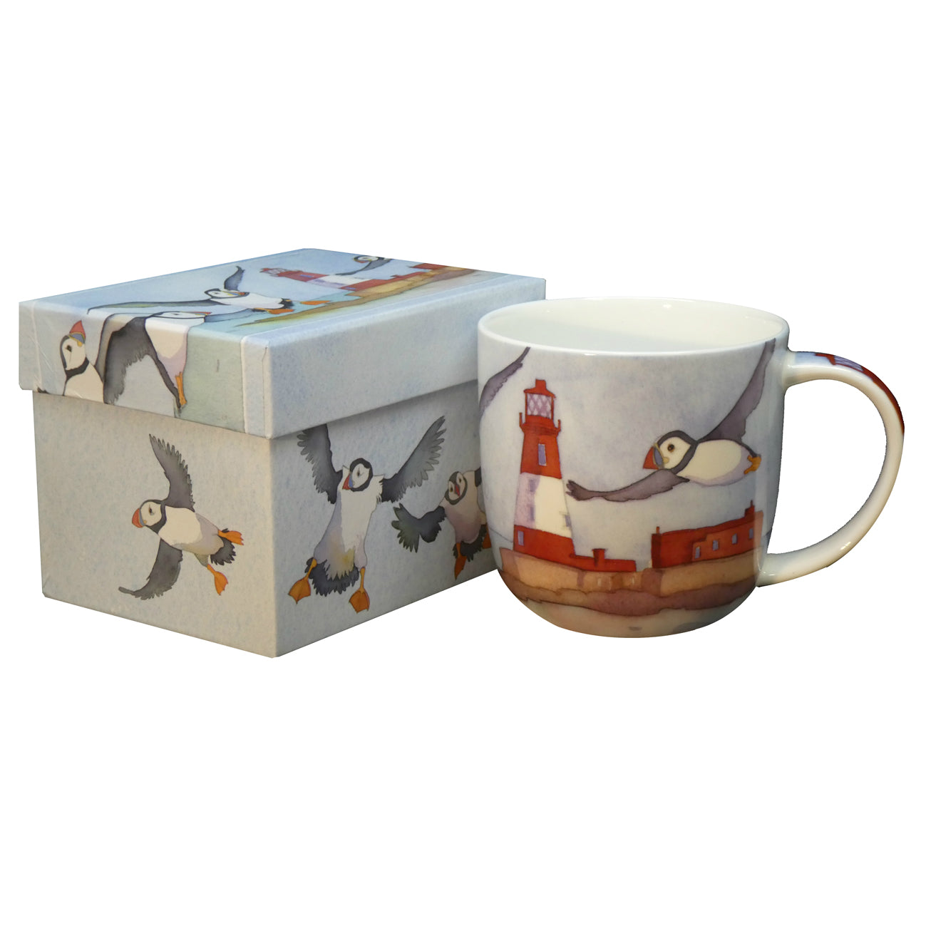 'Puffins and Lighthouse' Bone China Mug with Gift Box