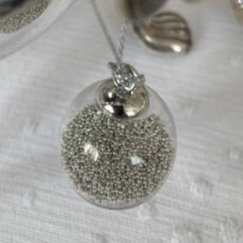 Clear Glass Hanging Ball Containing Silver Seed Beads
