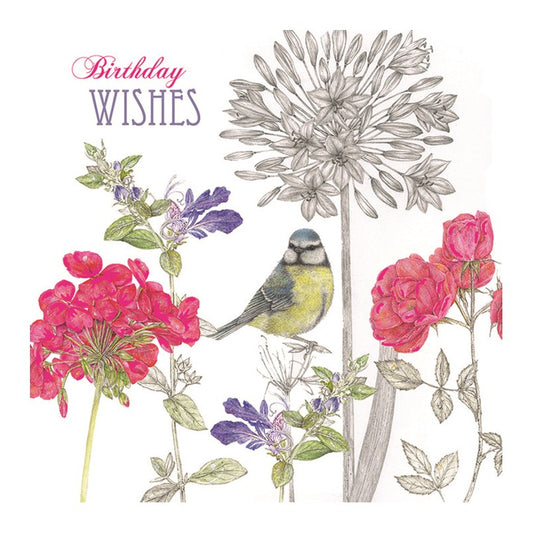 'Blue Tit and Flowers' Greetings Card