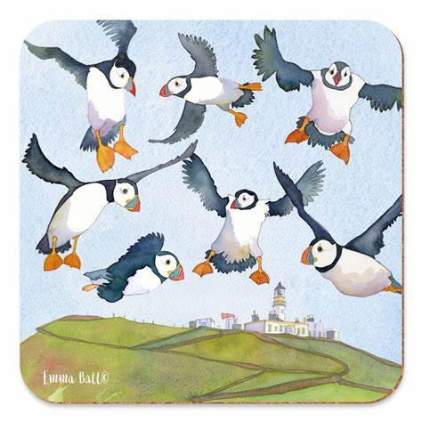 Lots of flying puffins drinks coaster