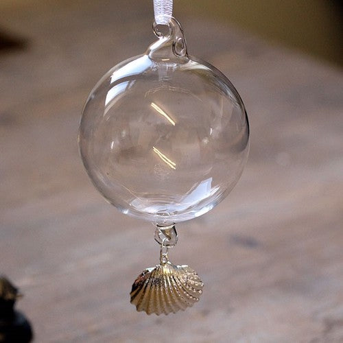 Clear Glass Ball with Hanging Silvered Cockle Shell
