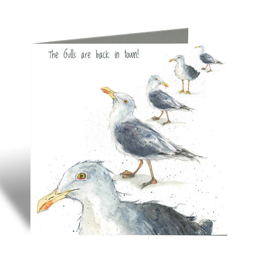 "The gulls are back in Town" Seagull Card by Sarah Boddy